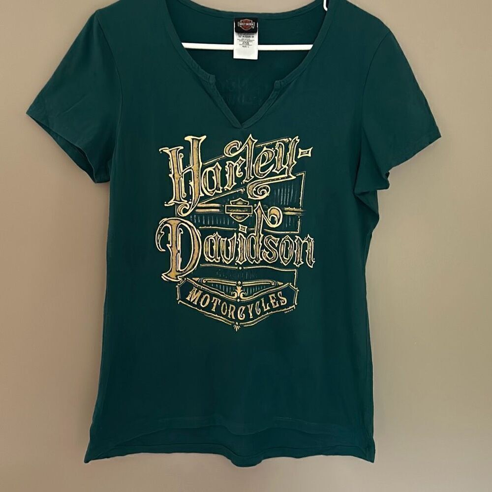 Harley Davidson Green V Neck T-Shirt Woman’s Lg Brandon Florida